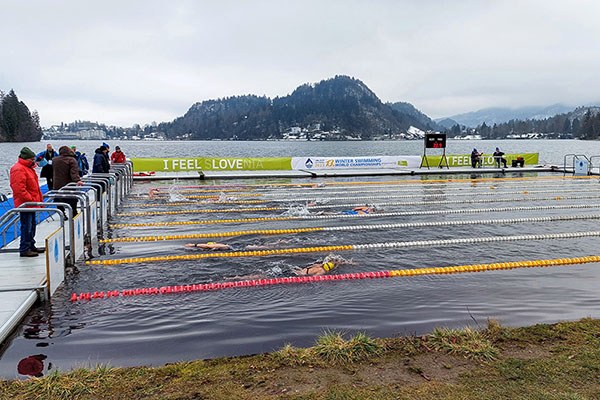 winter swimming competition pool in lake bled slovenia