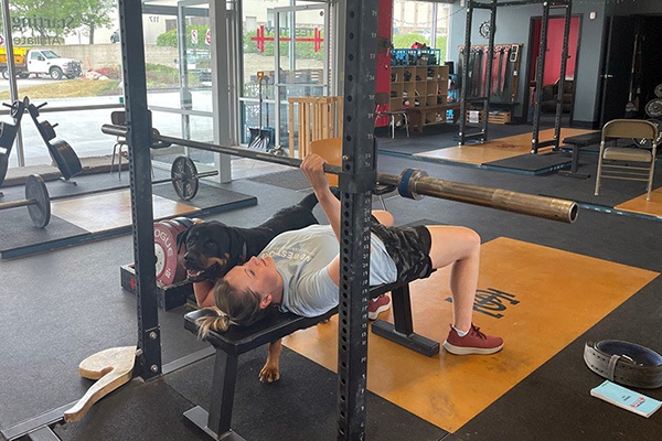 becky is acosted by milo the dog while she tries to warm up her bench press