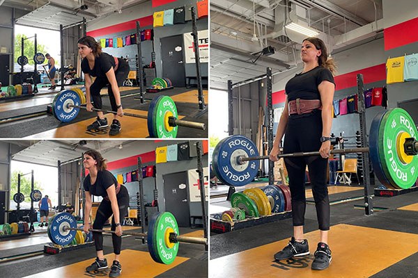 anjali at the start middle and end of a deadlift set