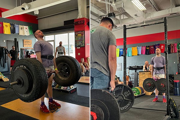 paul locks out a tire deadlift and endures the farmer hold during the competition at testify strength and conditioning