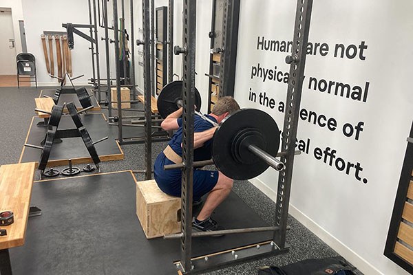 bottom of a box squat used to rehab and adductor strain