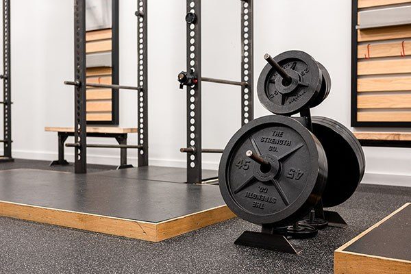 plates on a rack in an organized gym