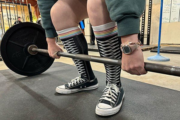 amelia wearing cool socks at a starting strength seminar