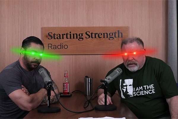rusty and rip with laser eyes on the starting strength radio set